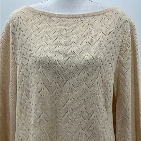 St. John Sport Boatneck Pointelle Knit Wool Blend Sweater in Tan - Size Large - Picture 2 of 12